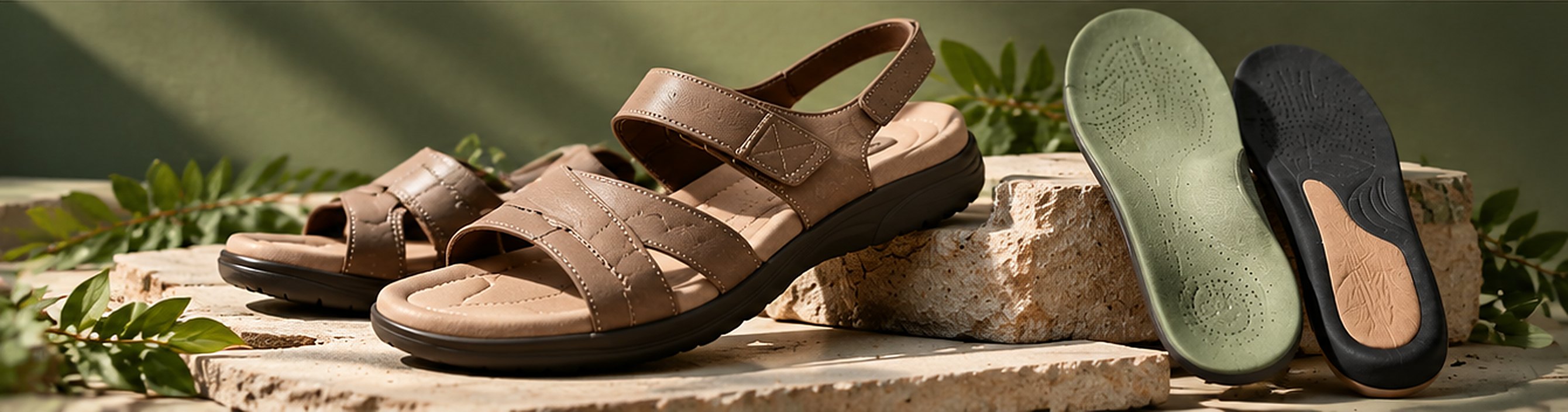 Strap sandals and a pair of insoles arranged on a stone ledge against an olive-green wall